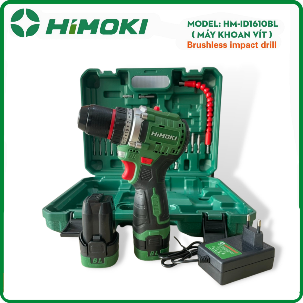 Máy Khoan Dùng Pin 16,8V HIMOKI Pin 4 Cell Không Chổi Than Đầu Kẹp Autolook 10mm sắt.