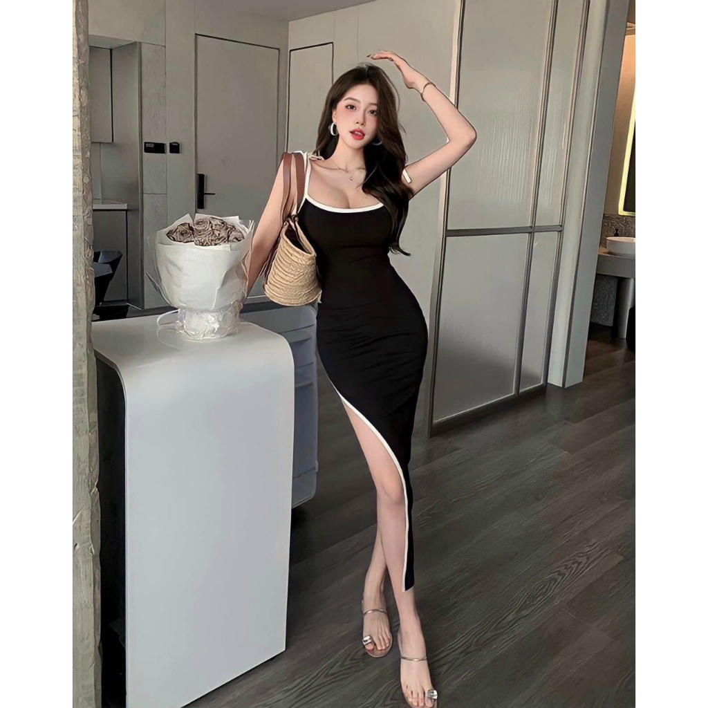 đầm thun gân hở lưng tay dài dáng ngắn xòe nhẹ m00122