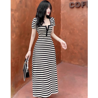 đầm thun dáng dài maxi cổ bẻ tay ngắn chất thun gân