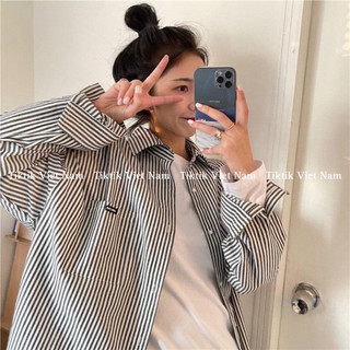 Áo sơ mi kẻ sọc dài tay có túi ngực oversize phong cách ulzzang