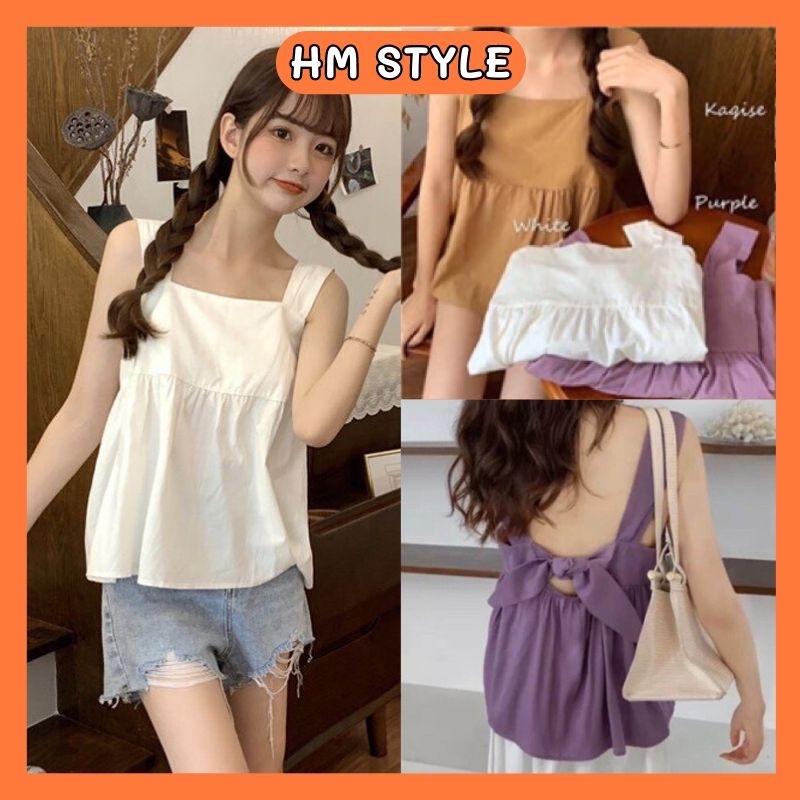 Áo cộc nữ HM Style áo 2 dây bản to buộc nơ sau vải đũi xước mặc hè mát lạnh