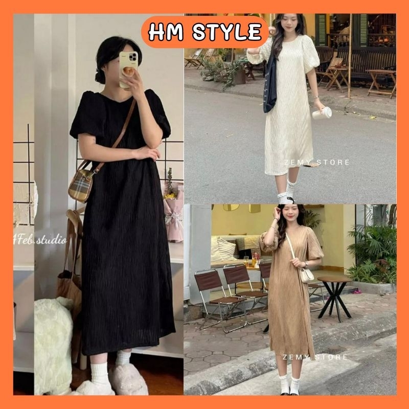 Váy Hm Style Đầm Nữ Tay Bồng Cổ Tròn Vải Đũi Nhăn Thiết Kế 2 Lớp Dày Dặn Đi Học Đi Chơi Đều Đẹp