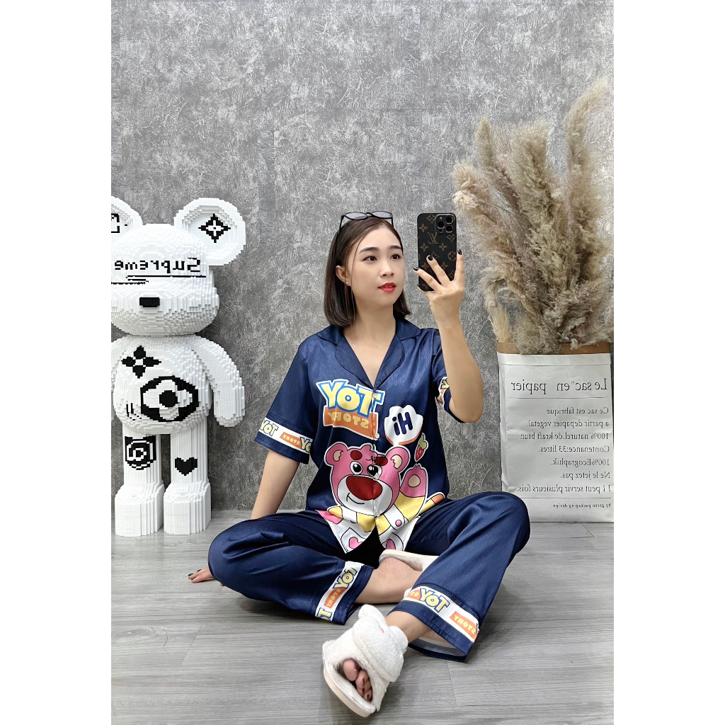 Đồ bộ nữ mặc nhà pijama chất liệu lụa xước ánh kim cao cấp tay ngắn quần dài XUOCD - 05