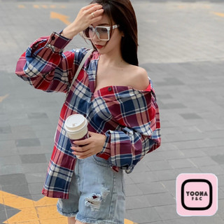 Áo sơ mi nữ oversize sọc caro tay phồng yoona - 1513
