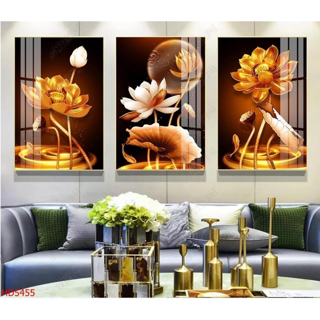 Tranh treo tường- Tranh tráng gương Hoa Sen Bộ 3 tấm Kích thước 40x60cm