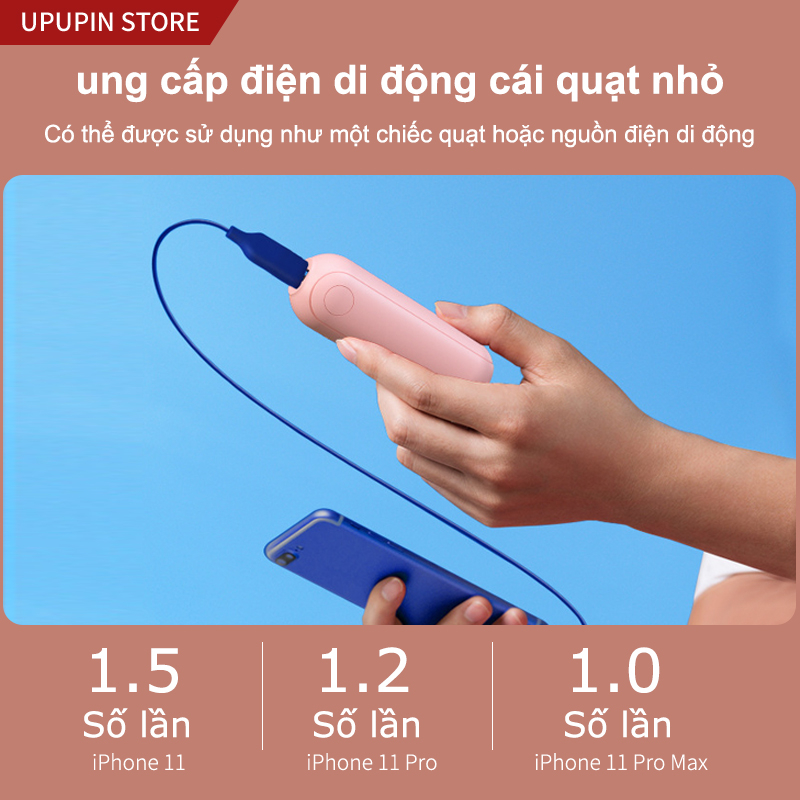 Quạt mini UPUPIN kèm sạc, 3 mức điều chỉnh, dung lượng pin lớn 2000mAh, có thể dùng sạc dự phòng cho điện thoại di