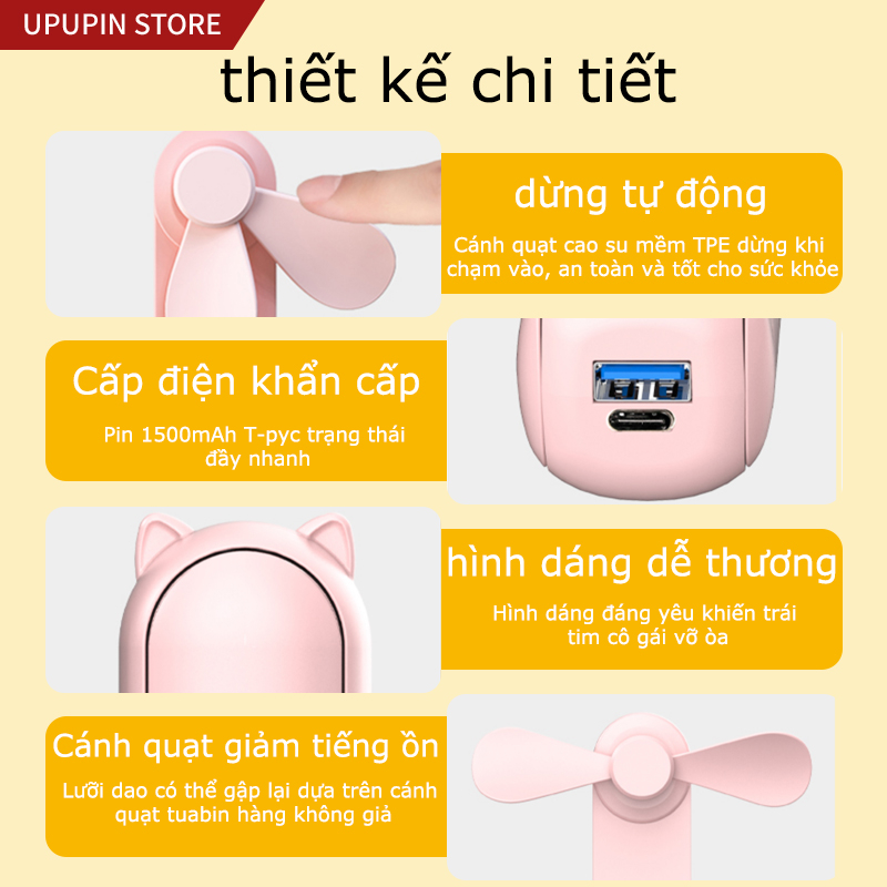 Quạt mini UPUPIN kèm sạc, 3 mức điều chỉnh, dung lượng pin lớn 2000mAh, có thể dùng sạc dự phòng cho điện thoại di