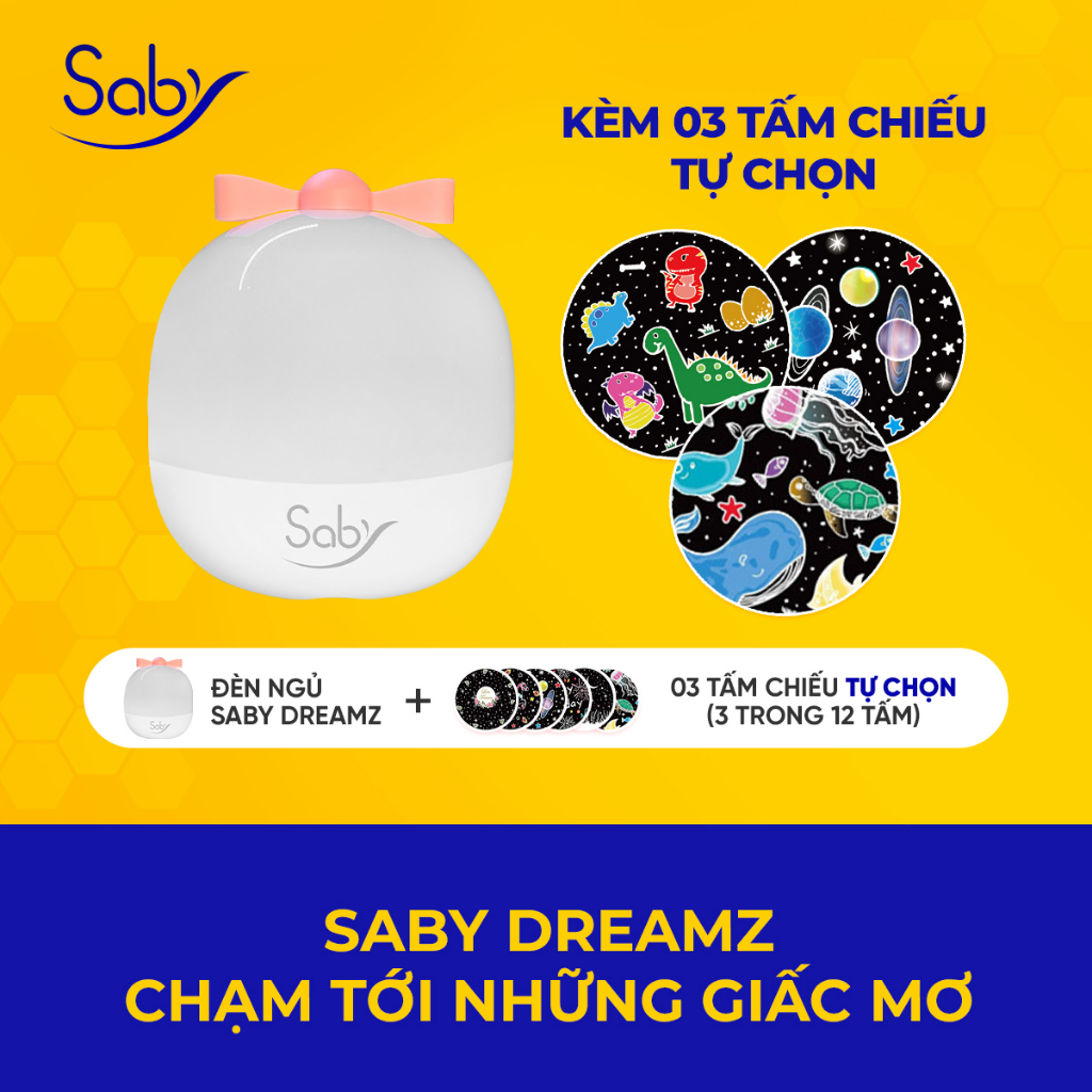 Đèn Chiếu Sao Saby Dreamz mix 3 tấm chiếu tự chọn, tích điện sạc cổng USB 5V-1A, tự động xoay 360 độ với 3 màu ánh sáng