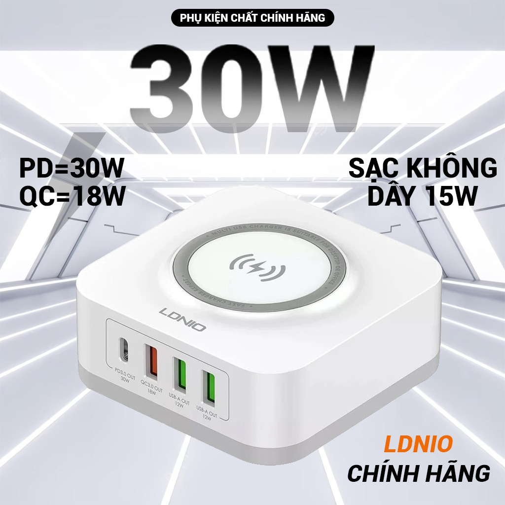 Bộ Sạc Không Dây 15W LDNIO AW004 Đa Năng Tích Hợp Cổng PD=30W + 3 Cổng USB QC3.0 Sạc Nhanh Đa Thiết Bị.