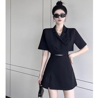 Set áo blazer croptop cổ v kèm chân váy chữ a cắt xẻ form siêu chuẩn