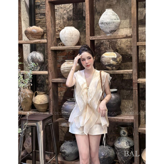 Set áo bèo cánh thắt nơ eo tiểu thư