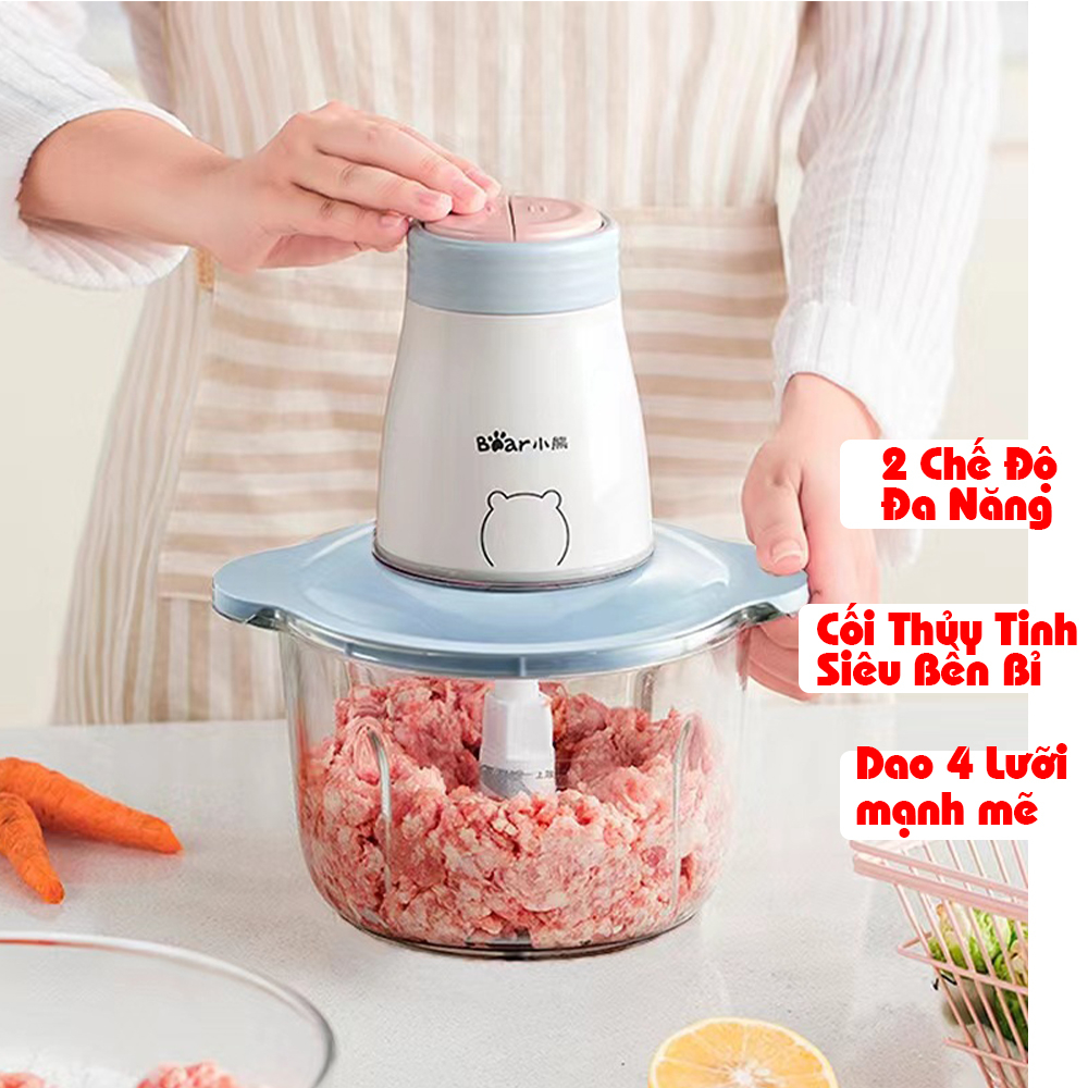 Máy Xay Thịt Bear Phiên Bản Mới 2023 Cối Thủy Tinh 2 Chế Độ, 4 Lưỡi Dao Có Thể Tháo Rời