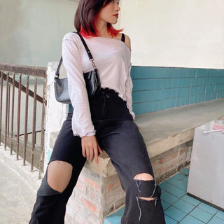 Quần Suông Ống Rộng Rách Gối 2-L, Lưng Cao, Không Giãn, Dài 105cm
