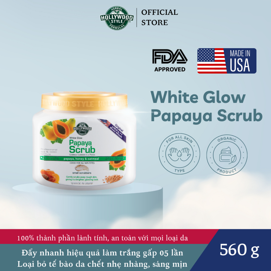 Tẩy tế bào chết cơ thể Hollywood Style làm trắng da và cấp ẩm Đu đủ 560g