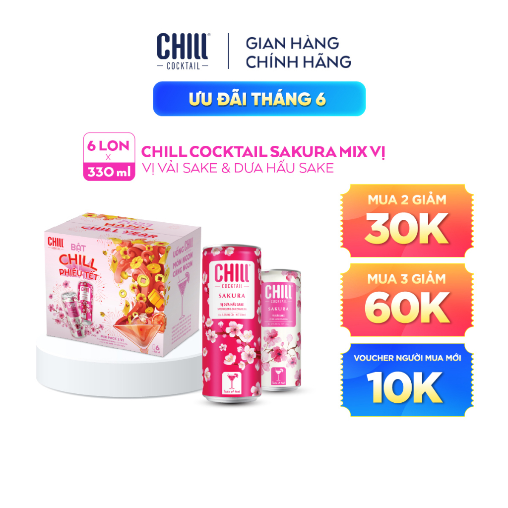 Thùng 6 lon Chill Cocktail Sakura mix vị Vải Sake &amp; Dưa Hấu Sake (330ml/lon)