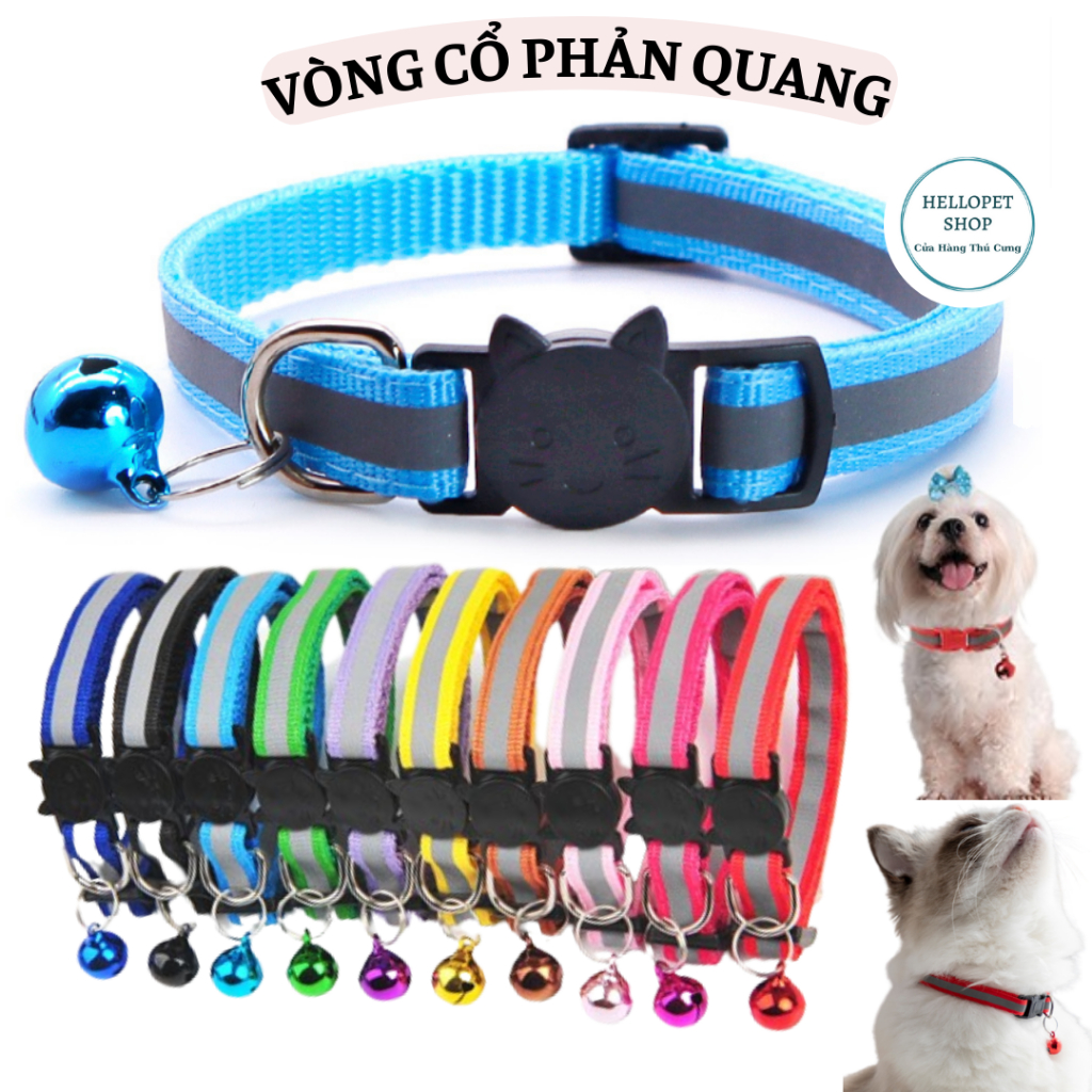 Vòng cổ cho chó mèo phản quang HELLOPET cao cấp, Vòng cổ lục lạc phản quang cho thú cưng nhiều màu sắc h55