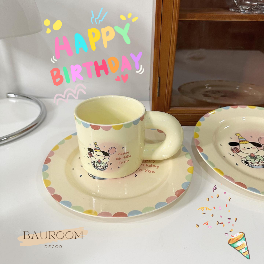 Ly sứ, đĩa sứ dễ thương decor họa tiêt Happy Birthday to You
