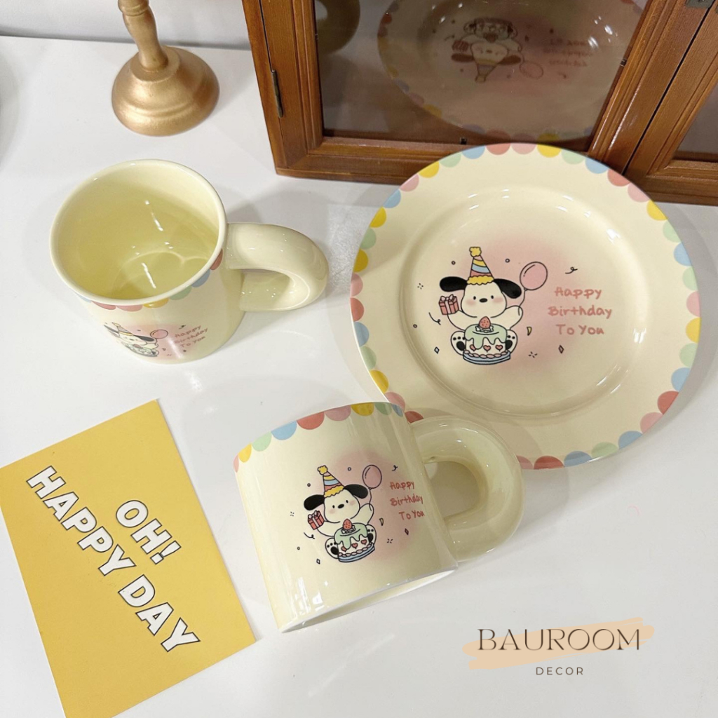 Ly sứ, đĩa sứ dễ thương decor họa tiêt Happy Birthday to You