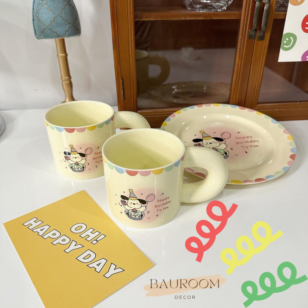 Ly sứ, đĩa sứ dễ thương decor họa tiêt Happy Birthday to You