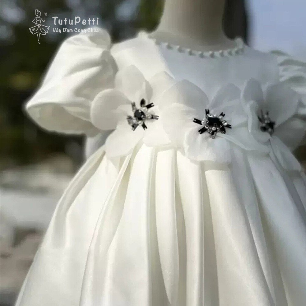 Đầm váy tiểu thư cho bé gái Tutupetti đính hoa lan trắng đáng yêu, xinh đẹp