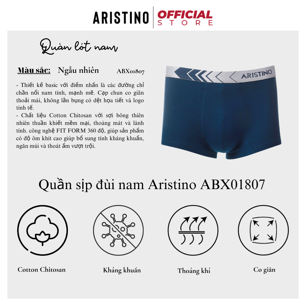 Quần lót sip nam ARISTINO ABX01807 boxer sợi cotton chitosan cao cấp mềm mịn kháng khuẩn khử mùi thấm hút mồ hôi