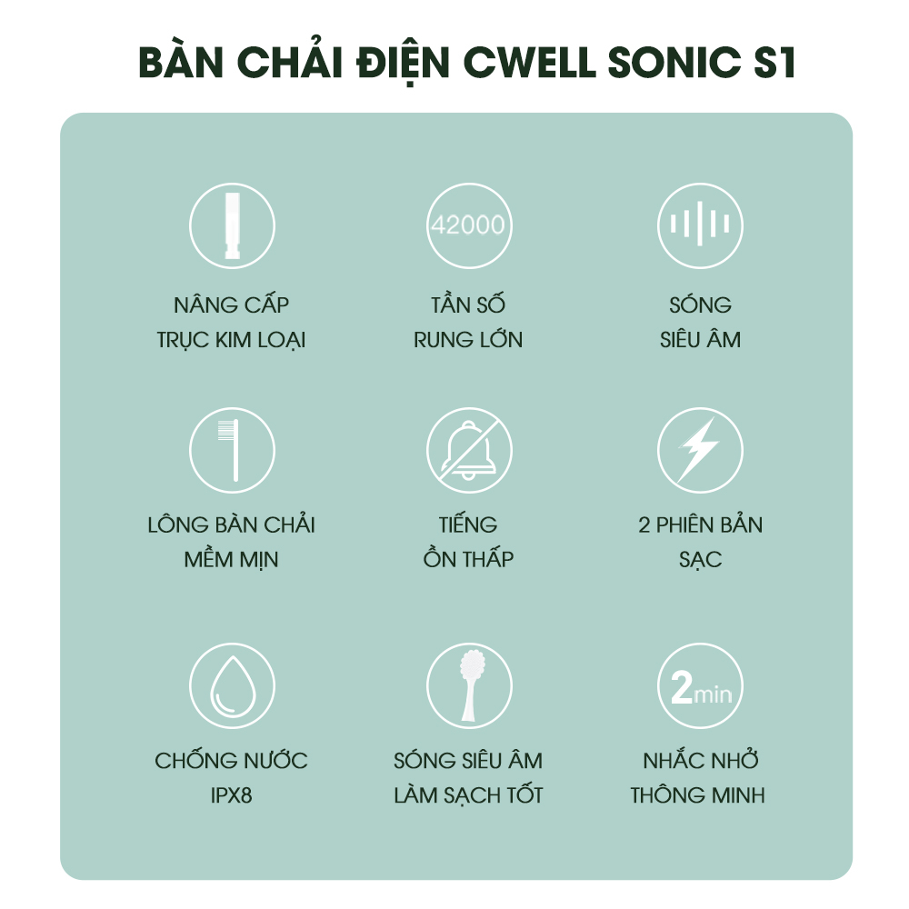 Bàn chải điện CWell Sonic S1, tặng 5 đầu bài chải vệ sinh răng miệng