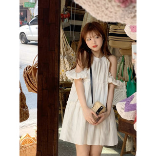 Đầm - Váy cổ yếm trễ vai tay bồng bèo tầng chất đũi gân dáng rộng dễ thương