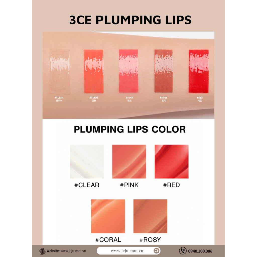 Son Dưỡng Có Màu 3ce Plumping Lips Giúp Làm Căng Mọng Môi Dưỡng Môi Mềm Mịn 2.2g