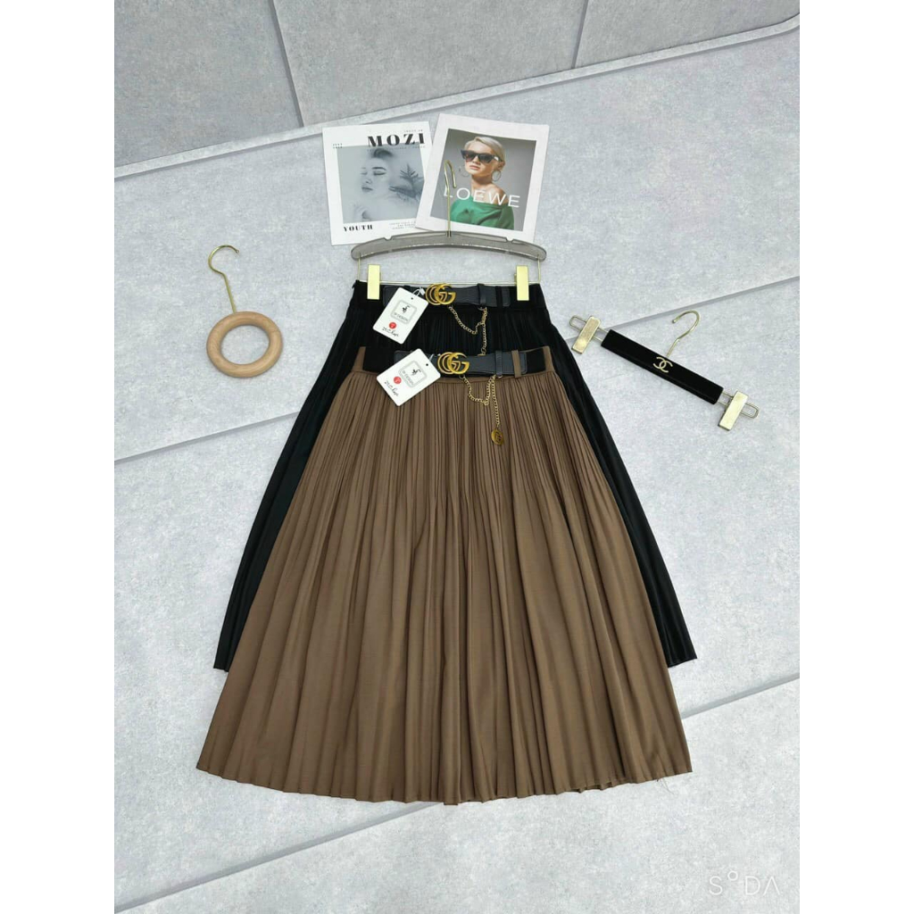 Chân váy dáng dài, dập ly nhỏ, kèm đai da xích, mặc đi làm, đi chơi, thiết kế công sở Elsa
