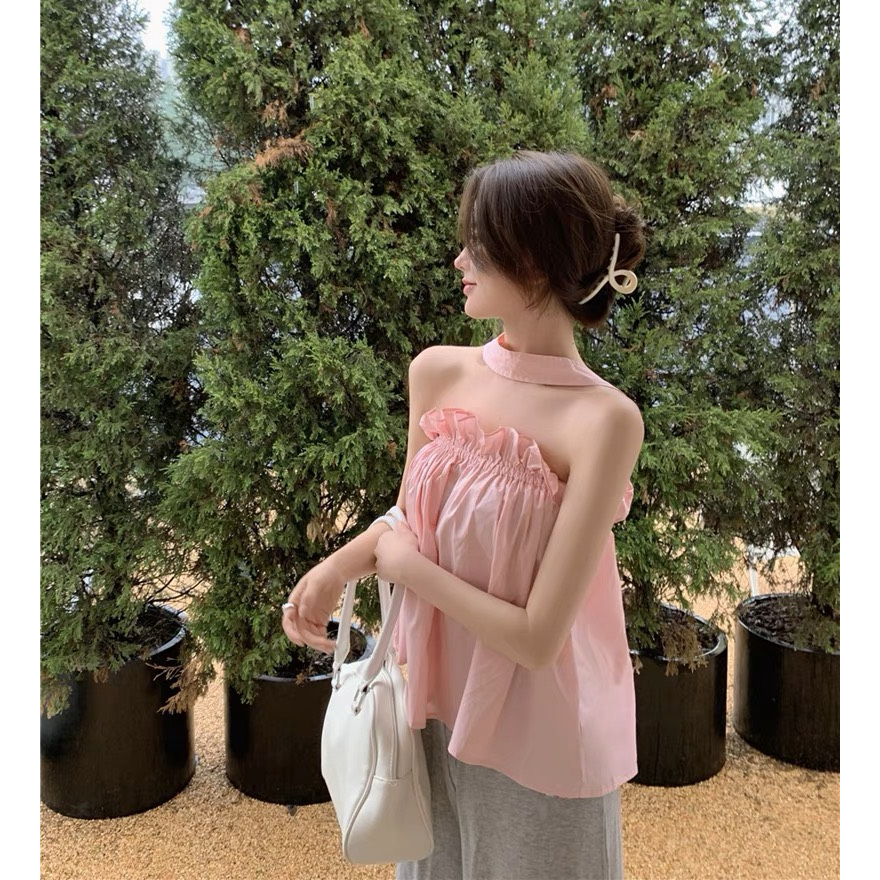 Áo babydoll dây quàng cổ hở vai mùa hè xinh xắn cho nữ, áo dáng xòe tiểu thư chính hãng DELIZ Chouchou | BigBuy360 - bigbuy360.vn