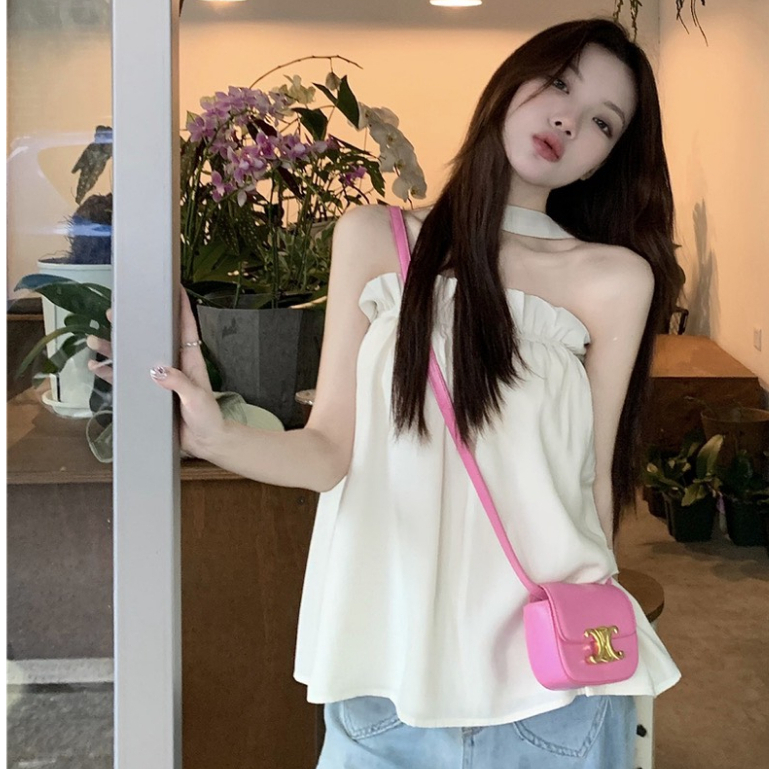 Áo babydoll dây quàng cổ hở vai mùa hè xinh xắn cho nữ, áo dáng xòe tiểu thư chính hãng DELIZ Chouchou