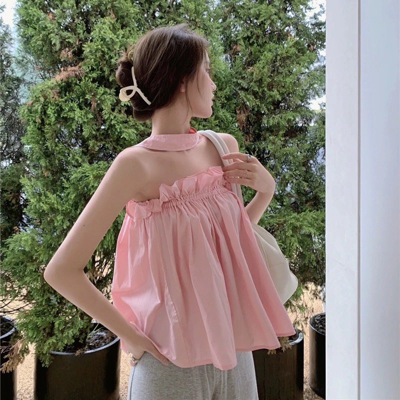 Áo babydoll dây quàng cổ hở vai mùa hè xinh xắn cho nữ, áo dáng xòe tiểu thư chính hãng DELIZ Chouchou | BigBuy360 - bigbuy360.vn