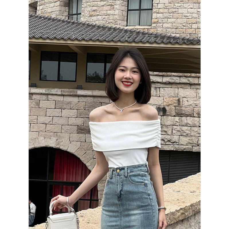 Áo thun nữ EMIX trễ vai chất zip co giãn, freesize dưới 55g, ôm body, phong cách basic, tay trễ 211
