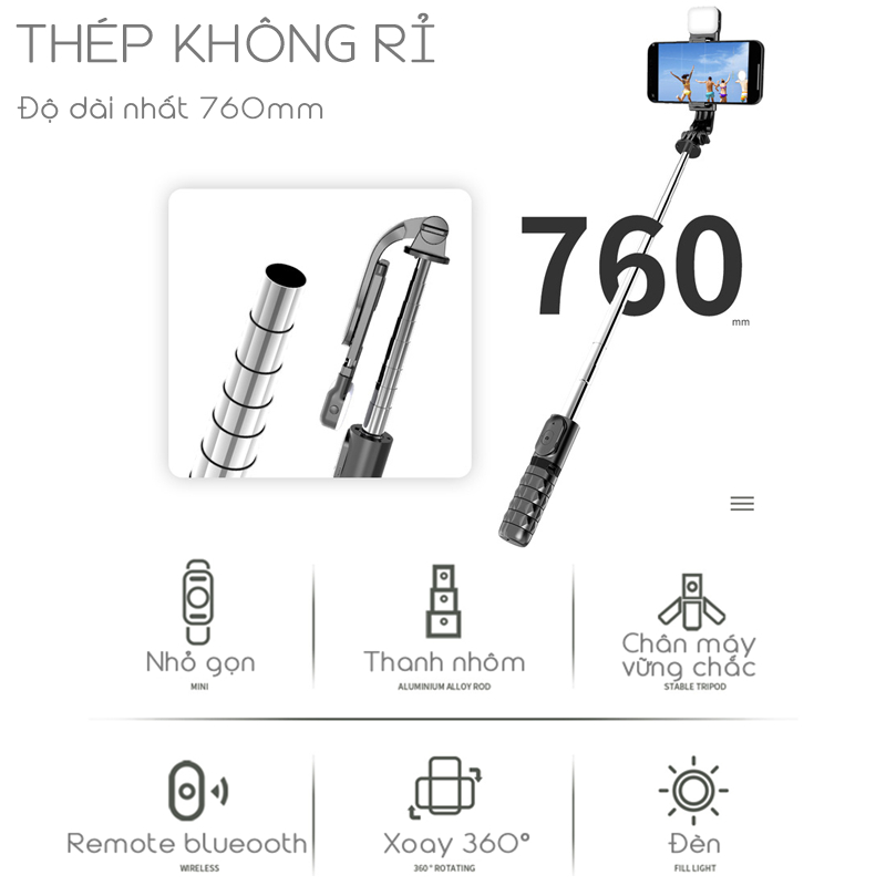 Gậy chụp ảnh 3 chân tripod điện thoại có điều khiển Bluetooth hỗ trợ đèn led trợ sáng 6 chế độ sáng nhỏ gọn