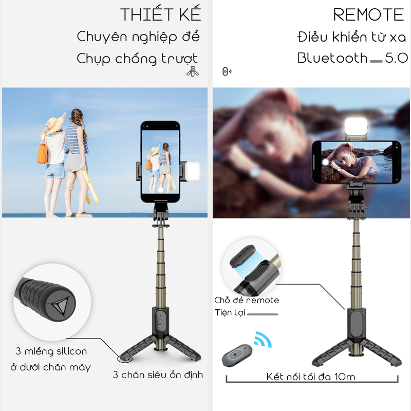 Gậy chụp ảnh 3 chân tripod điện thoại có điều khiển Bluetooth hỗ trợ đèn led trợ sáng 6 chế độ sáng nhỏ gọn