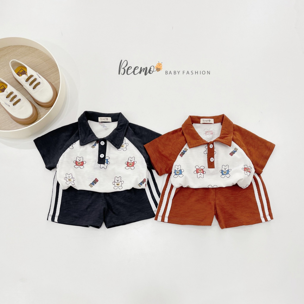 Bộ polo cotton cộc tay in gấu tay raglan Beemo cho bé