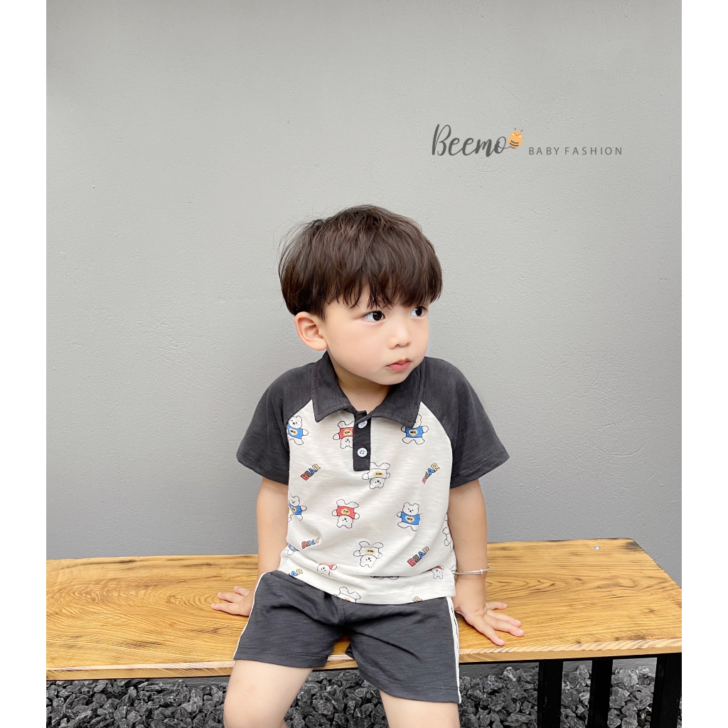 Bộ polo cotton cộc tay in gấu tay raglan Beemo cho bé
