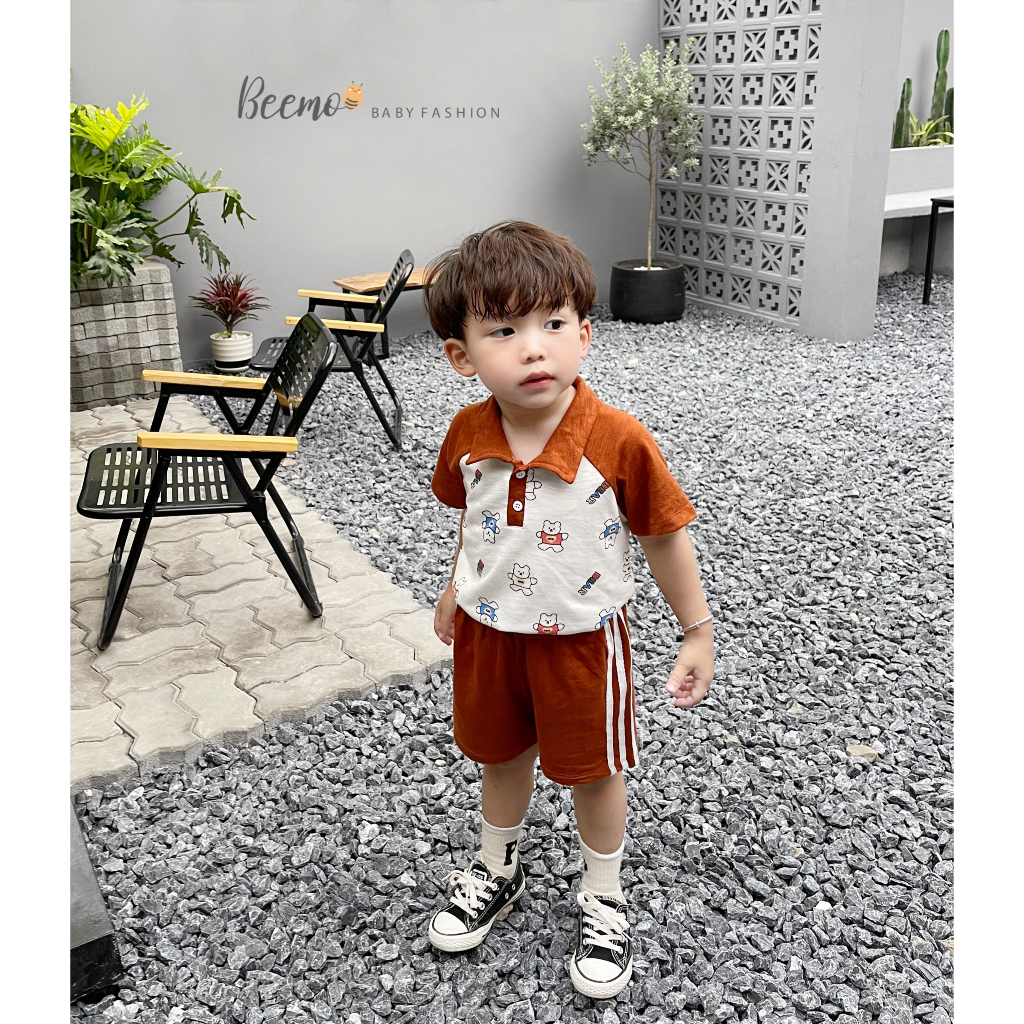 Bộ polo cotton cộc tay in gấu tay raglan Beemo cho bé