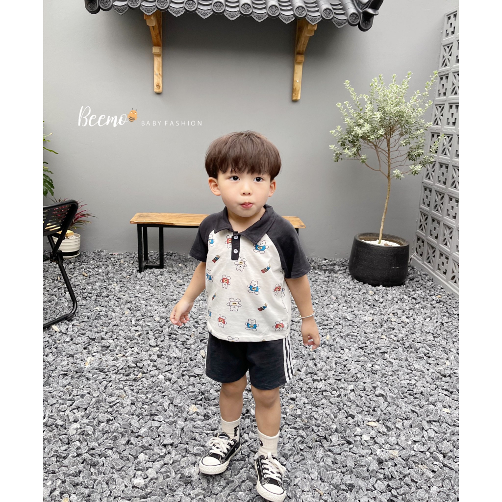 Bộ polo cotton cộc tay in gấu tay raglan Beemo cho bé