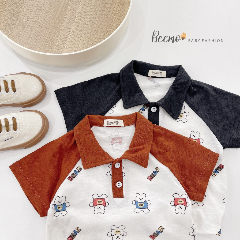 Bộ polo cotton cộc tay in gấu tay raglan Beemo cho bé