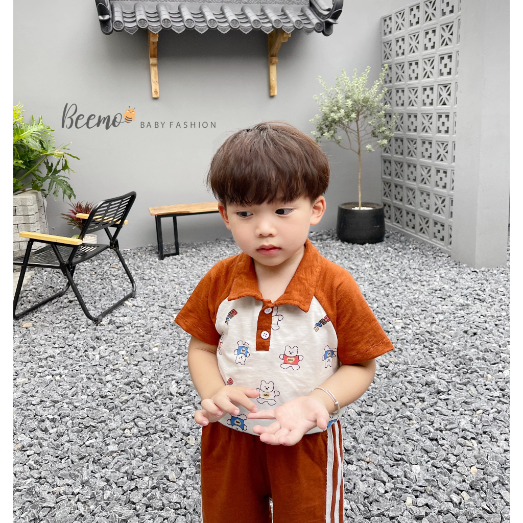 Bộ polo cotton cộc tay in gấu tay raglan Beemo cho bé