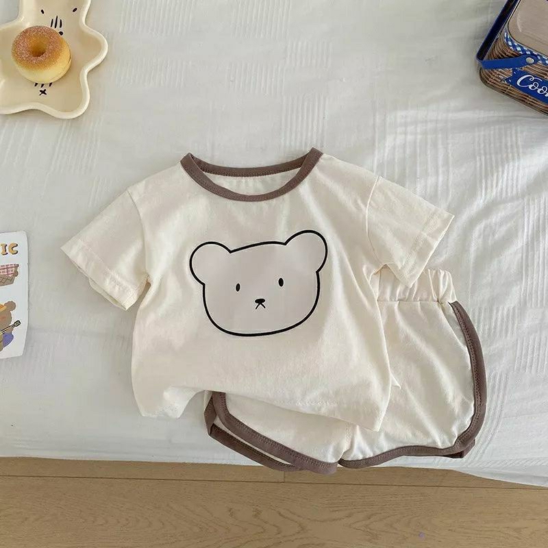 Hot trend | Bộ cộc tay Unisex in mặt Gấu phối viền sành điệu cho bé 8-18kg