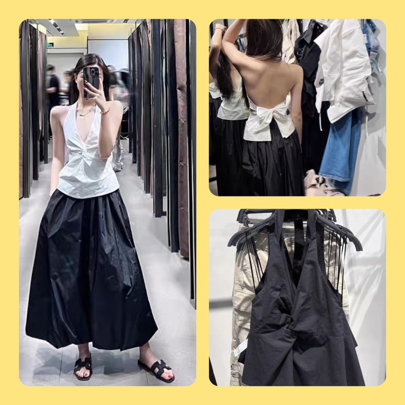 Áo Cổ Yếm Buộc Nơ Lưng Trắng Đen