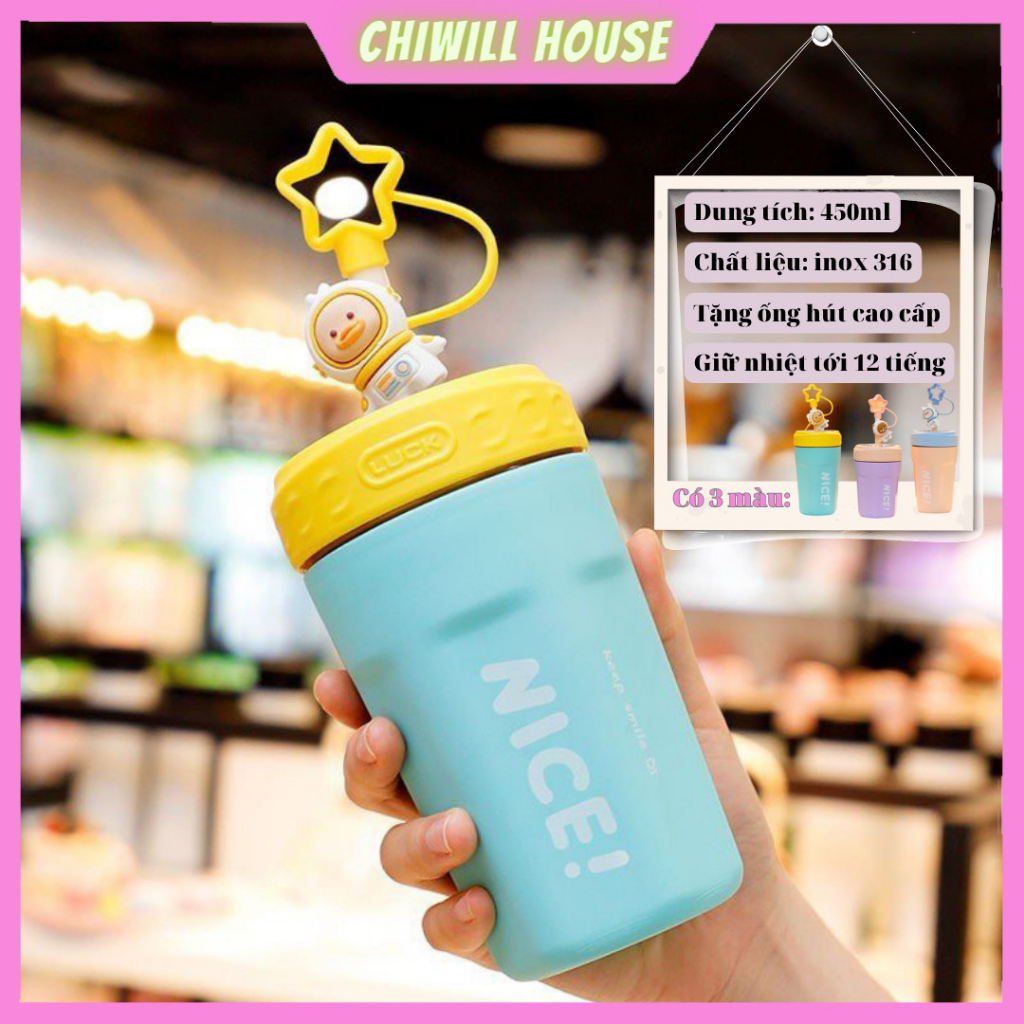 Cốc giữ nhiệt 450ML màu pastel xinh xắn, chất liệu inox 316 - Tặng kèm ống hút và nút đậy ống hút cute