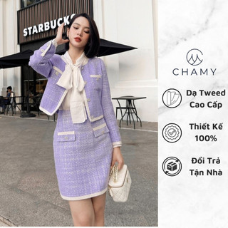 Set 𝐂𝐇𝐀𝐌𝐘 nellio dáng basic màu tím nhã nhặn mix chân váy chữ a chất dạ tweed cao cấp