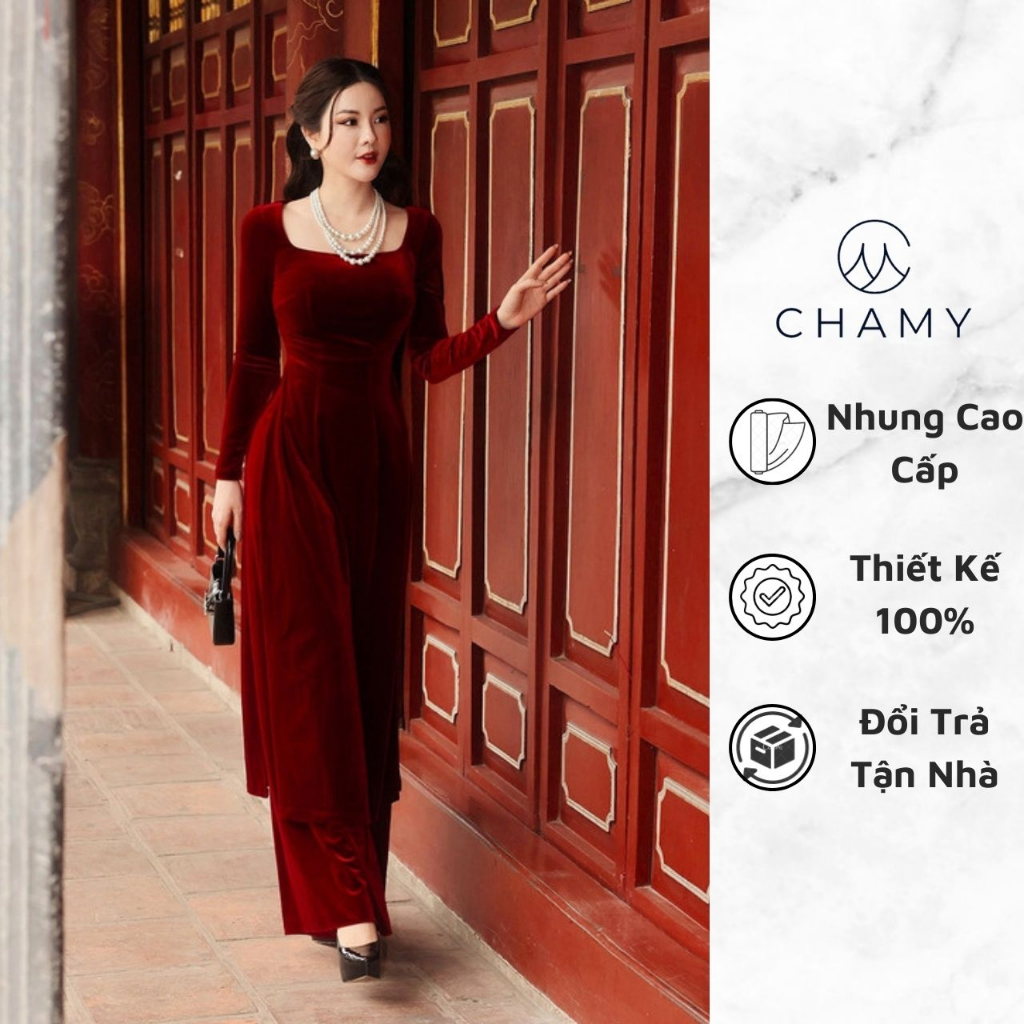 Áo Dài 𝐂𝐇𝐀𝐌𝐘 Nhã Vi Thiết Kế Cổ Thuyền Màu Đỏ Nổi Bật Chất Nhung Mịn Cao Cấp