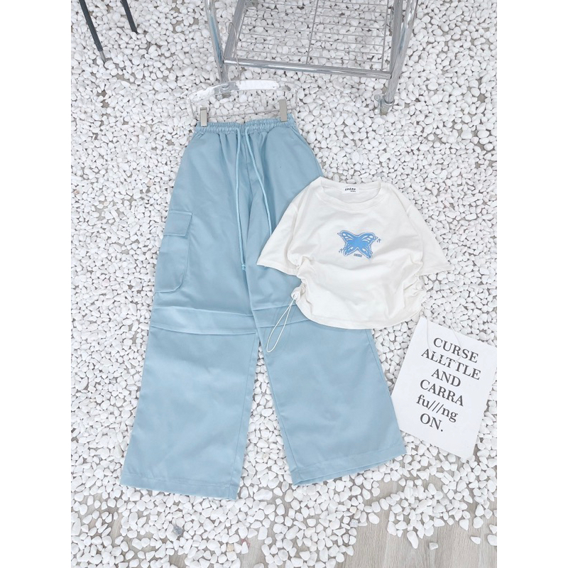 SET ÁO CROPTOP TRẮNG IN BƯỚM RÚT DÂY HÔNG + QUẦN SUÔNG CULOTTES XANH TÚI HỘP