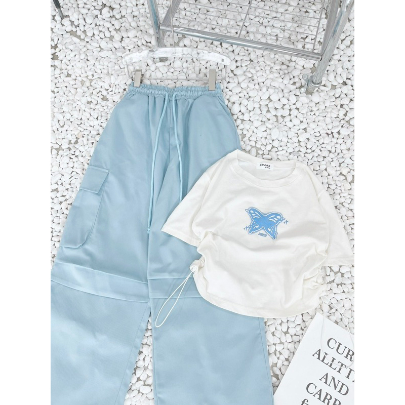 SET ÁO CROPTOP TRẮNG IN BƯỚM RÚT DÂY HÔNG + QUẦN SUÔNG CULOTTES XANH TÚI HỘP