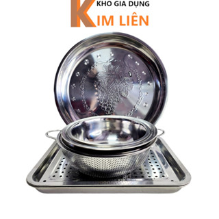 INOX - Mâm tròn 40, khay úp ly chữ nhật 35, thau rổ 22, 24, 28cm - Đồ cúng, trái cây, rửa rau, vo gạo, trộn thực phẩm