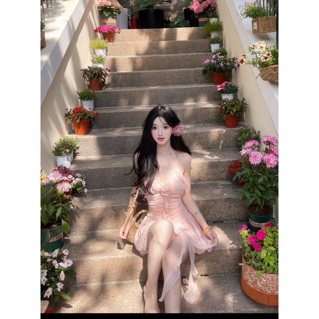 Đầm Ngắn Hai Dây Bèo T97 Tua Rua Kèm Hoa Chéo Eo Gợi Cảm Thời Trang Xuân Hè